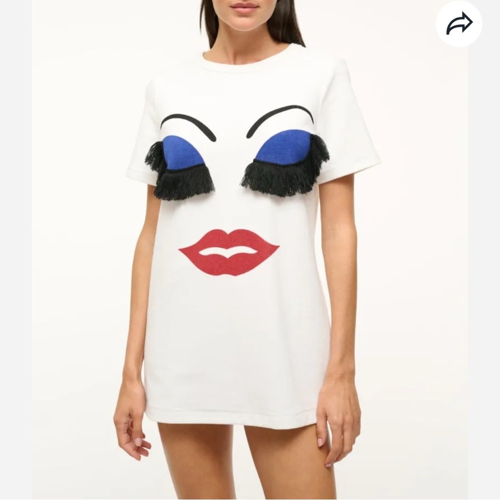 STAUD White Dress with Blue and Red Face Design